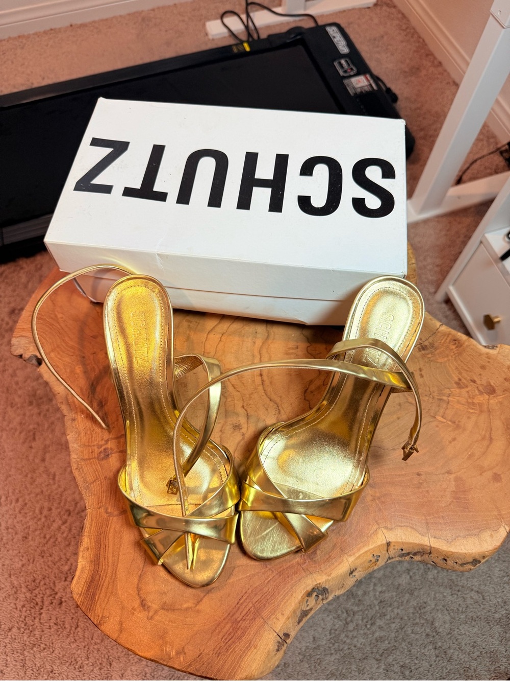 SCHUTZ Gold Metallic Strappy Stiletto Sandals
